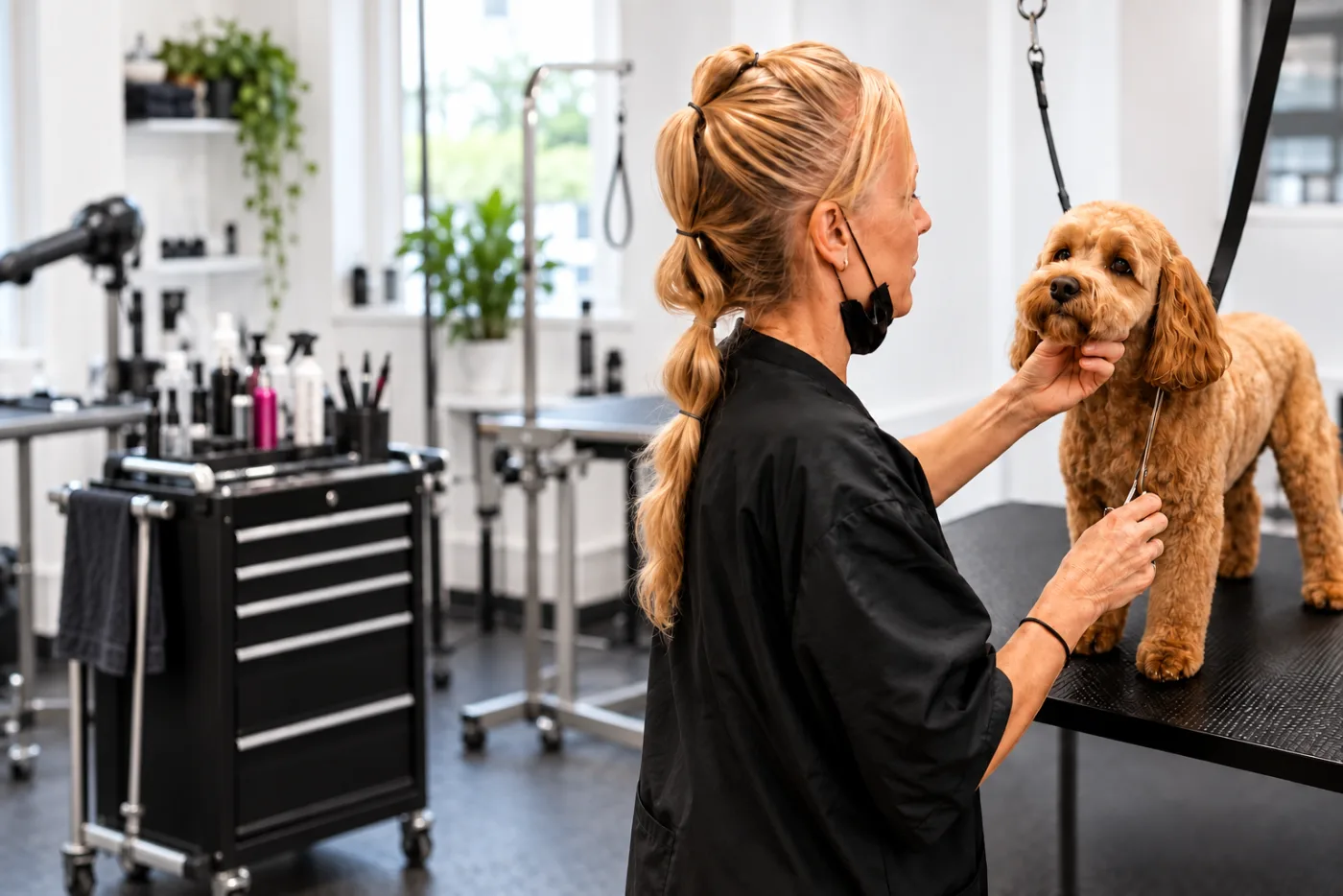Jodie grooming a cockapoo on the grooming table at Jodie's Groom Room in Alicante, Spain